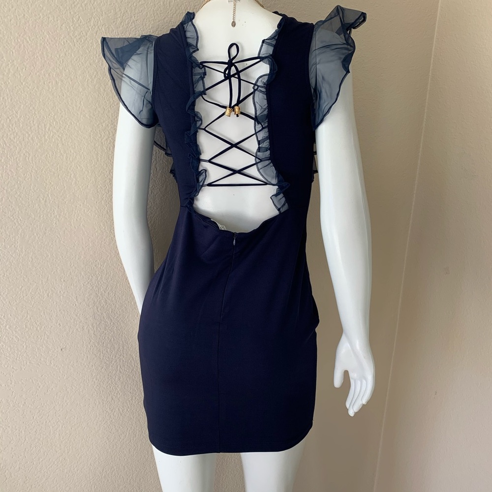 ❤️ Material Girl - Navy Ruffled High Neck Dress - Picture 7 of 8